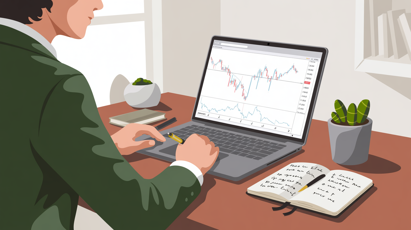 Studio da casa con computer, grafici e appunti di educazione finanziaria
